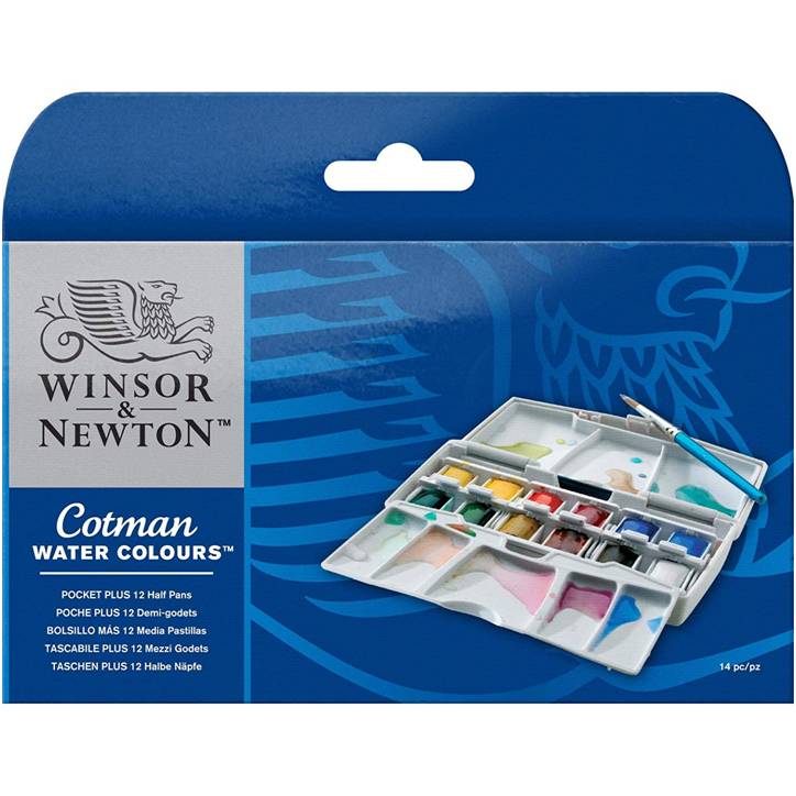  Winsor & Newton Cotman Watercolor Paint Set, Palette Pocket  Set, 12 Half Pans w/ Brush