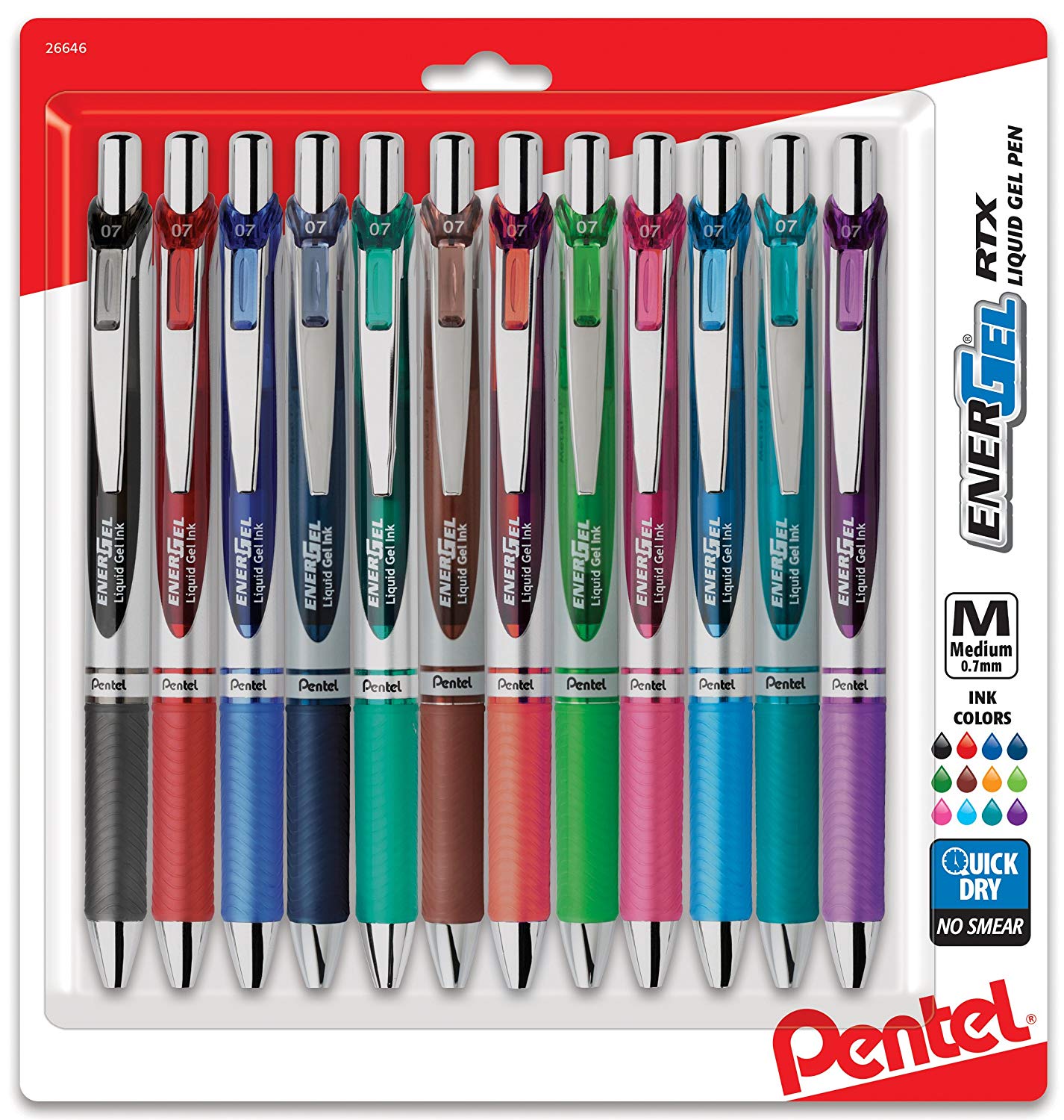 Pentel BL77BP12M EnerGel RTX Retractable Liquid Gel Pens, 0.7mm Medium Point, Assorted Colors, 12-Pack
