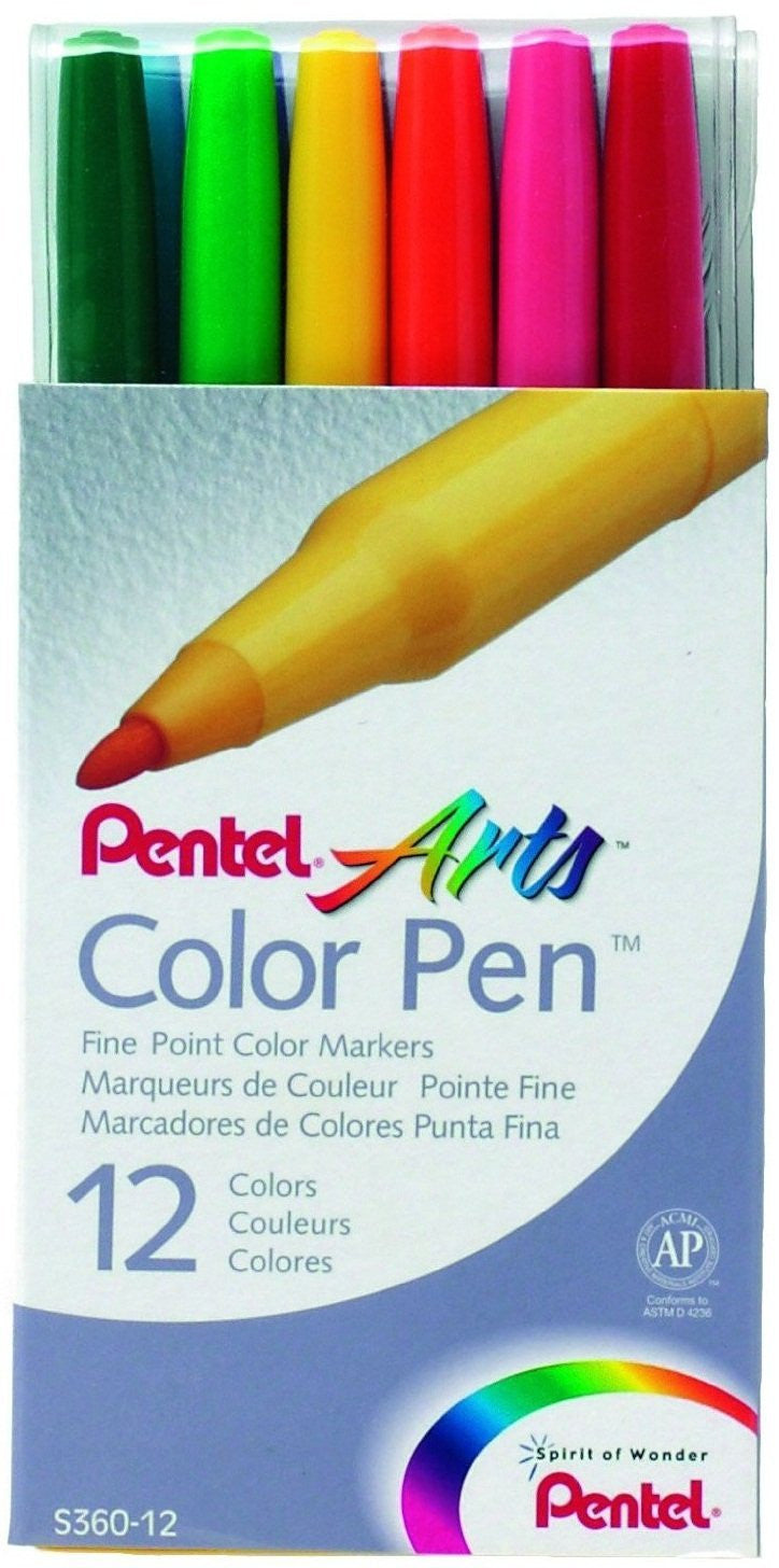Pentel Arts Color Pen Fine Point Color Markers 36 Pkg Assorted Colors