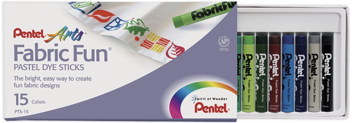 Pentel PTS-15 Arts Fabric Fun Pastel Dye Sticks, 15 Color Set