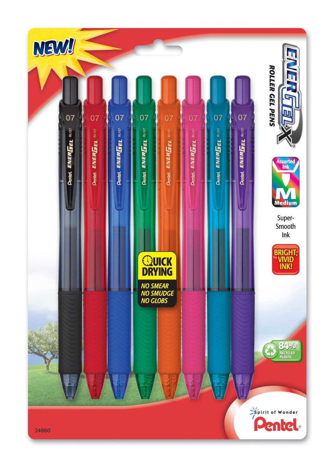 Pentel BL107CRBP8M EnerGel-X Retractable Liquid Gel Pens, 0.7mm Metal Tip, Medium Line, Assorted Ink, 8-Pack
