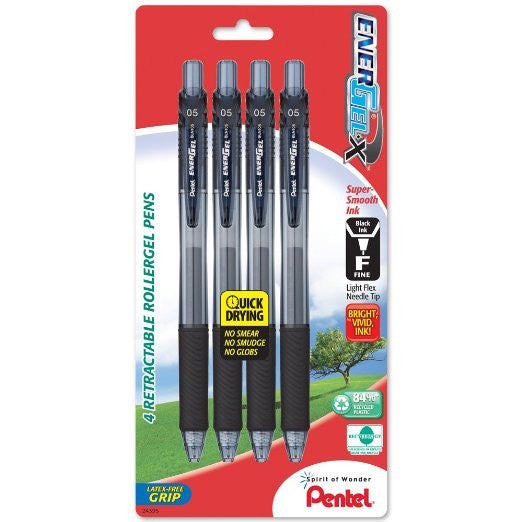 Pentel BLN105BP4A EnerGel-X Retractable Liquid Gel Pens, 0.5mm Fine Line, Needle Tip, Black Ink, 4-Pack
