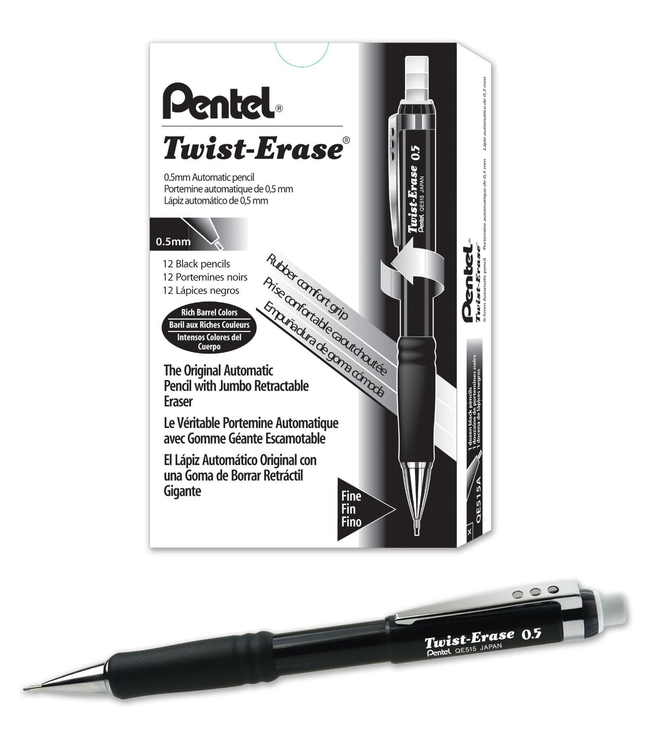 Pentel QE515 Twist-Erase III Mechanical Pencils, 0.5mm Fine Line, Dozen Box