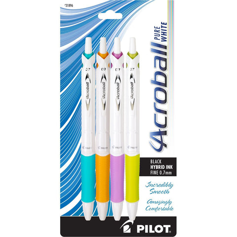 Pilot 31896 Acroball PureWhite Retractable Hybrid Gel Ball Point Pens, Fine Point, Black Ink, Pack of 4 Color Accents