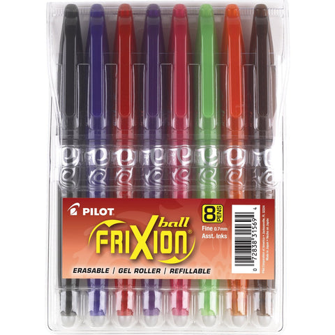 Pilot 31569 FriXion Ball Erasable Gel Pens, Fine Point, 8-Pack Pouch, Black/Blue/Red/Pink/Purple/Orange/Lime/Brown Inks