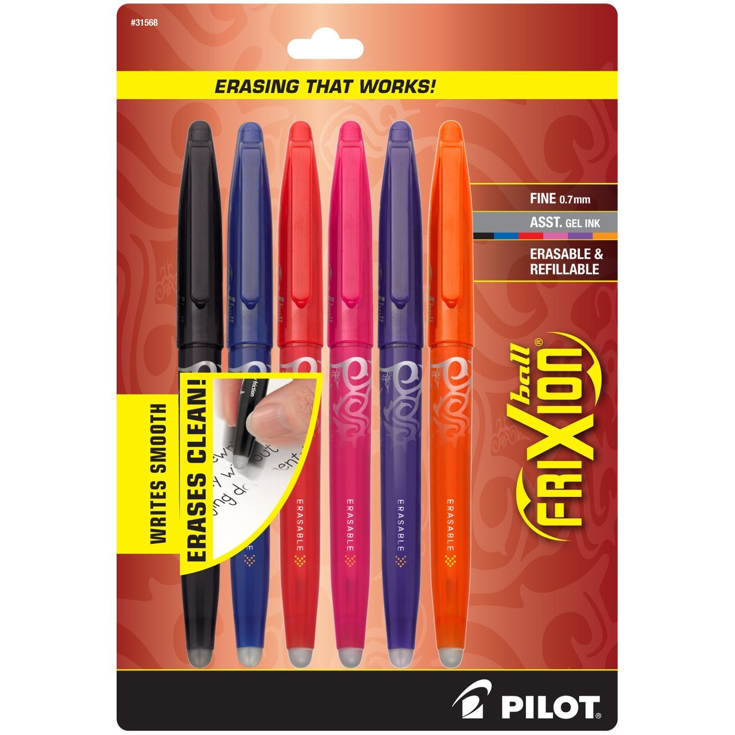 Pilot 31568 FriXion Ball Erasable Gel Pens, Fine Point, Assorted Colors 6-Pack, Black/Blue/Red/Pink/Orange/Purple
