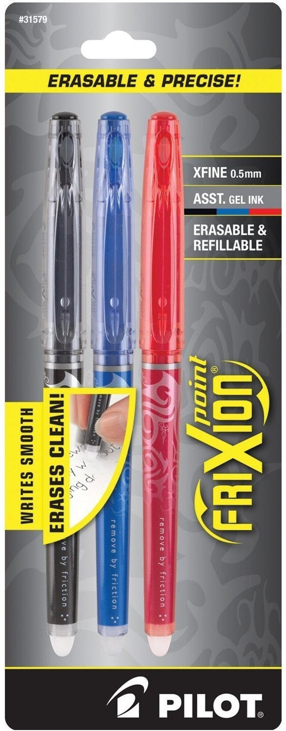 Pilot FriXion Point Erasable Gel Pens, 0.5mm, Extra Fine Point, 3-Pack, Assorted Colors