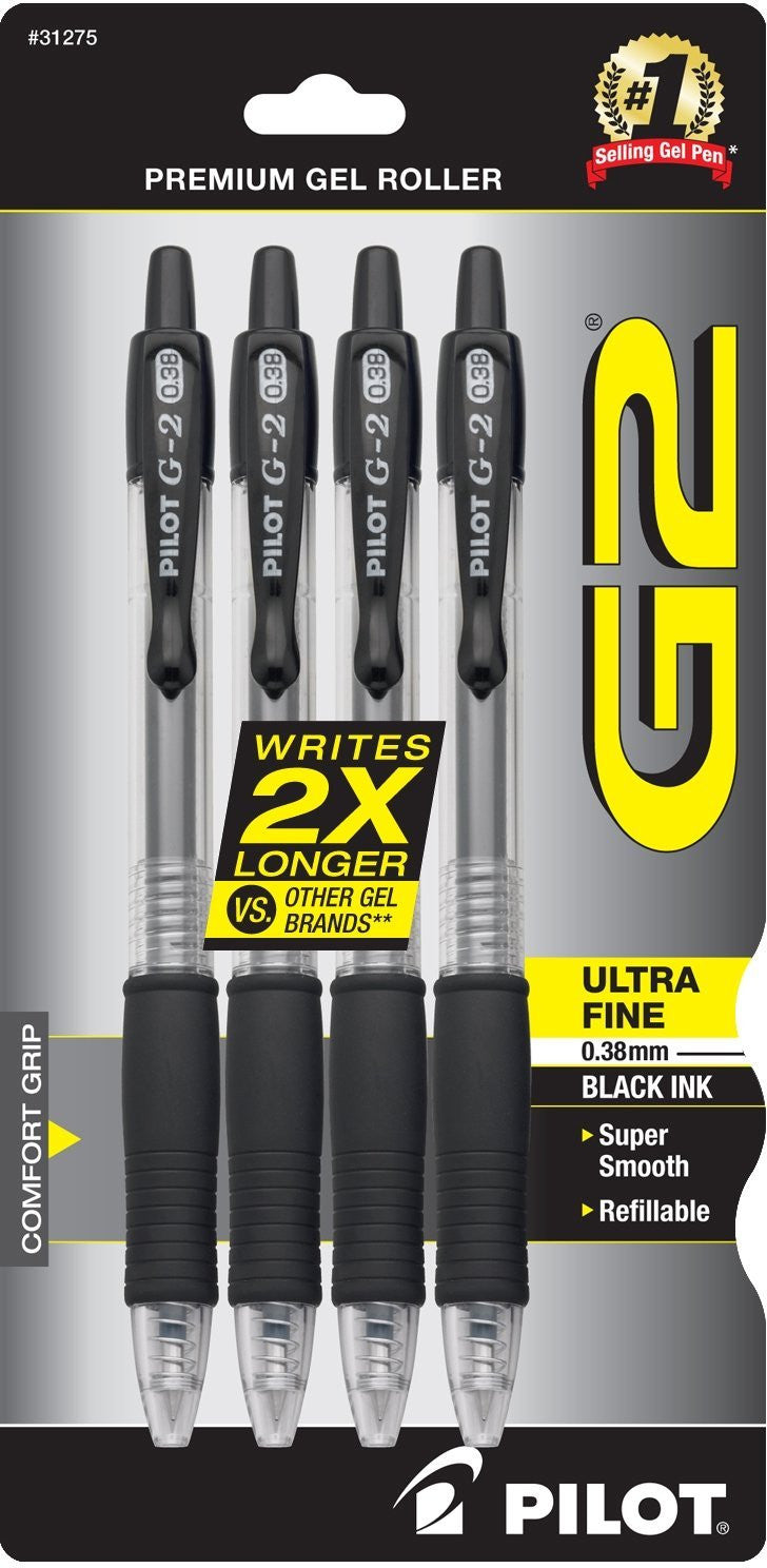 Pilot 31275 G2 Retractable Premium Gel Ink Roller Ball Pens, Ultra Fine Point, 4-Pack, Black Ink