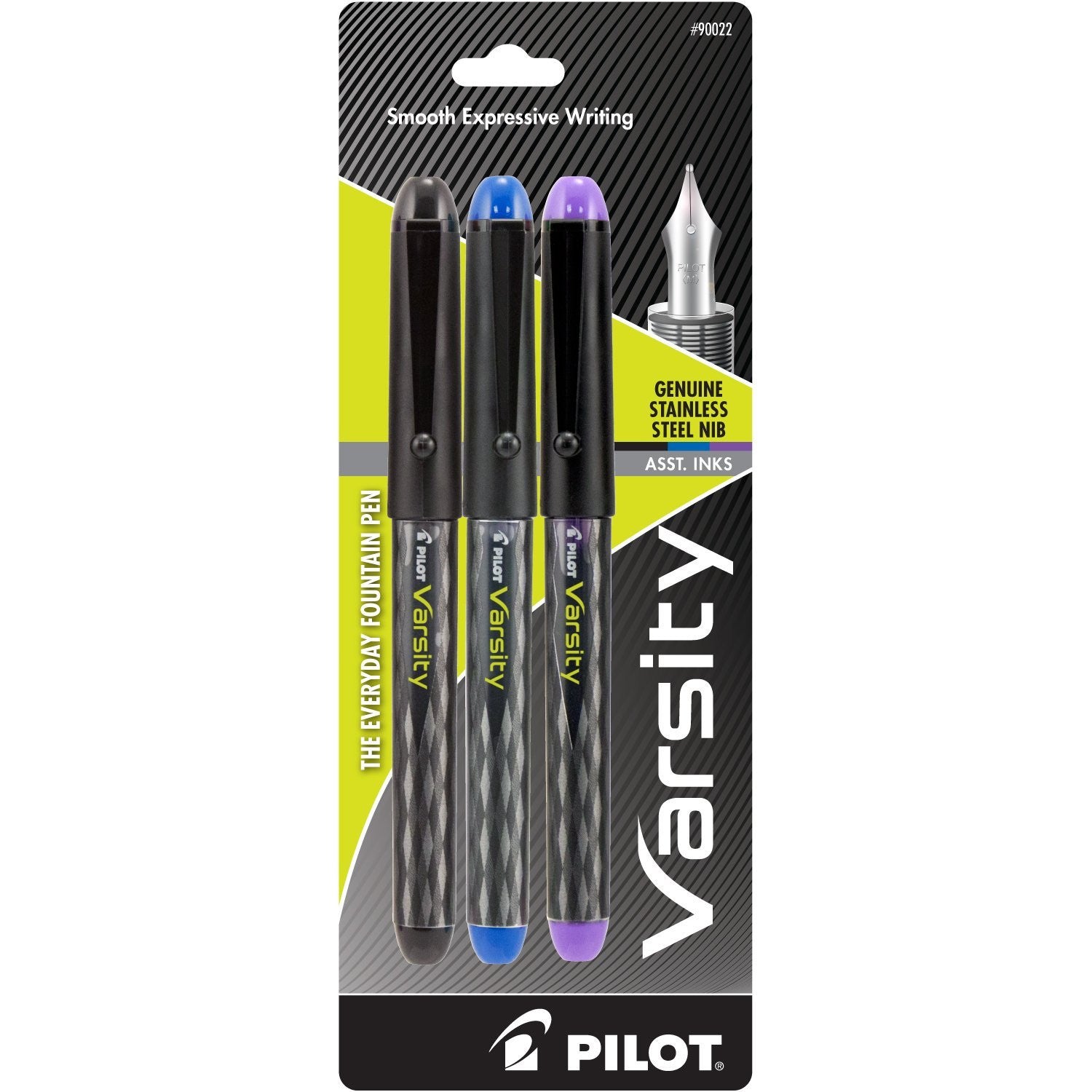 Pilot 90022 Varsity Disposable Fountain Pens, 3-Pack, Black/Blue/Purple Inks